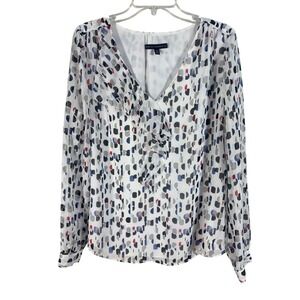 White House Black Market Blouse 12 White Geometric Excellent Ruffle V-Neck